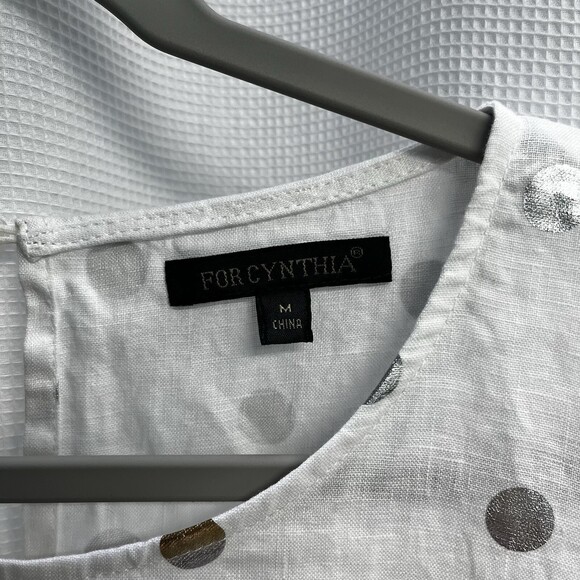 For Cynthia 100% Linen White Cropped Boxy Top Silver & Gold Polka Dot Medium - Picture 4 of 9